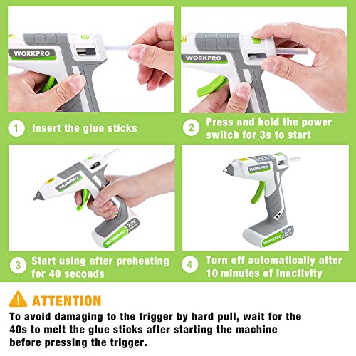 WORKPRO Draadloos lijmpistool, 7,2 V, met accu 2000 mAh en 20 lijmsticks 7 x 100 mm, elektrisch lijmpistool, automatische uitschakeling, snelle verwarming van 40 seconden voor doe-het-zelf, kunst en - Afbeelding 5