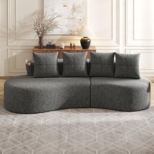 JCFEIDQW Boneless - Sofá cama con función de sueño, sofá cama, 3 plazas, lino, con 4 cojines, relleno de espuma de alta densidad + piezas de resorte, soporte para tazas y bolsillo lateral, 240 x 109 x