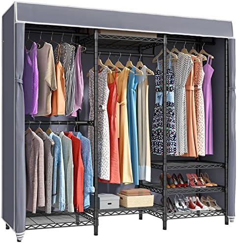 VIPEK V5C Portable Clothes Closet Wardrobe Bedroom Armoires Heavy Duty Covered Clothes Rack, Black Metal Clothing Rack with Grey Oxford Fabric Cover, Adjustable Custom Closet Rack 70.1"Lx17.3"Wx76.4"H