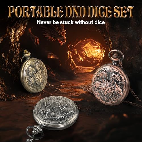 Image of Kabinka DND Dice Set, 7pcs Mini Metal Dice with Pocket Watch Shell, Portable D&D with Necklace, Dungeons and Dragons Dice for RPG(Five-Headed Dragon, Ancient Silver)