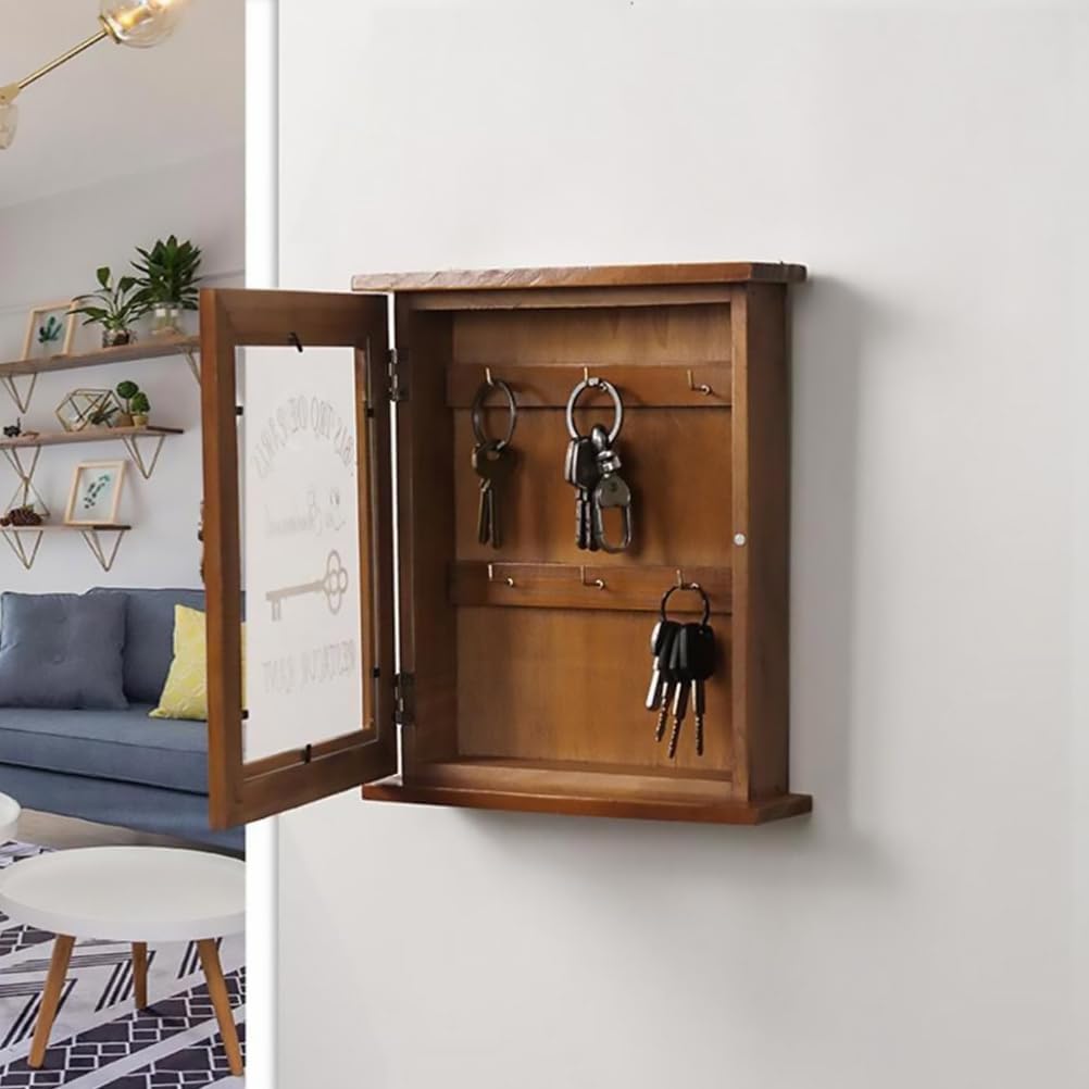 Veemoon Wooden Wall Mount Key Holder, Rustic Hanging Key Box Farmhouse Organizer Cabinet with 6 Hooks Entryway Hanger for Home Office Indoor Outdoor (Brown)