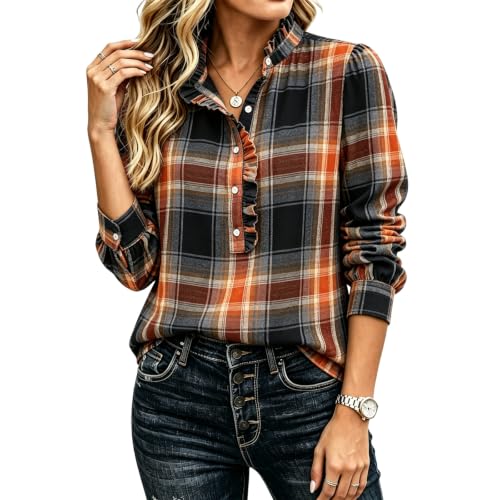 Checkered Shirt Women Dressy Casual Long Sleeve Henley Ruffled Blouse - image 1
