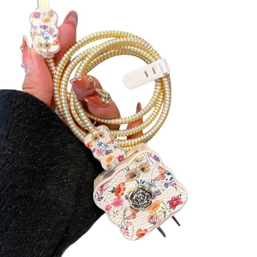 Luxury Charger Cover Compatible with iPhone 18W/20W,Elegant Retro Flowers Design Soft Leather Charger Cord Protector,Florals Cable Saver for iPhone 13 14 15 16 Pro Max Charger Adapter