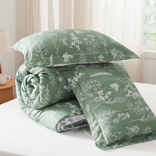 Image of Bedsure King Comforter Set - Green Bed Set, 3 Pieces Cute Floral Bedding, 1 Soft Reversible Botanical Flowers Comforter and 2 Pillow Shams