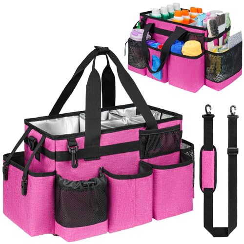Jaffzora Cleaning Caddy Bag with Handle and Shoulder Strap Large Multi Pocket Organiser Tote with Detachable Dividers for Cleaning Supplies Home and Garden Storage (35×18×25cm Rose red)
