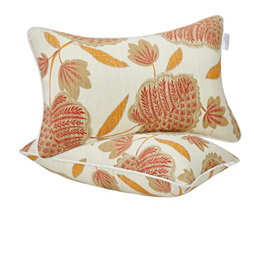 JMGBird Water-Resistant Outdoor Pillows Set of 2, 12x20 inch Durable Beige with Orange Leaf Pattern Throw Pillows with Inserts for Patio Furniture