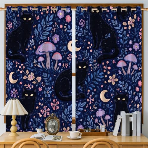 Rideaux occultants lavable en machine imprimé chat et fleur bleu - 6