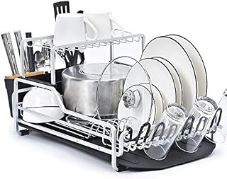 KINGRACK Dish Drying Rack, Aluminum Dish Drainer 2 Tier with Draining Board, Drip Tray,Top Shelf Sink Drainer, Cutlery Holder & Cup Holder, Large plate Rack drainer for Kitchen extra Draining Black