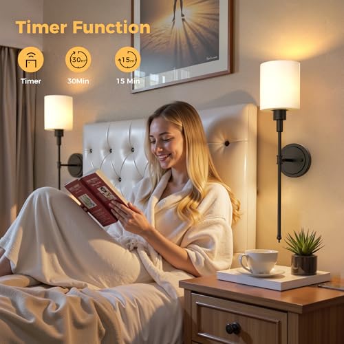 Image of DORESshop Battery Operated Wall Sconce Set of 2, Wireless Wall Light Easy to Install, 10 Color, Sconce Wall Decor Set of 2 for Bedroom, Living Room, Black and Milky White Glass Shade, 24.3in