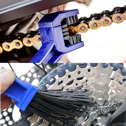 Image of Bike Chain Cleaner Brush, 3-Sided Chain Cleaning Tool with Long Nylon Bristles for Bicycle, MTB & Motorcycle, Sprocket & Drivetrain Cleaning, Reusable (Blue)
