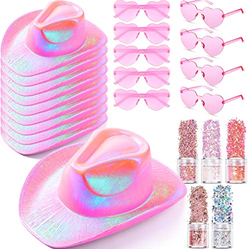Coume 23 Pcs Cowboy Light up Hat Bulk Flashing Holographic Cowgirl Hats with Heart Sunglasses for Women Costume Accessories