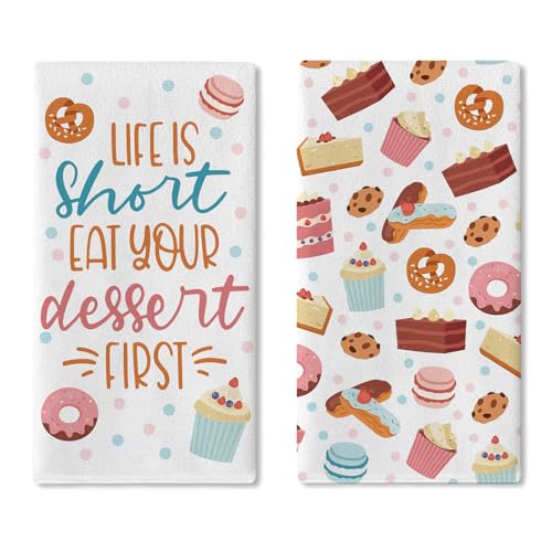 Croar Life Is Short Eat Your Dessert First Kitchen Dish Towels Set Of 2, Sweet Cupcake Donut Cookie Macaron Drying Hand Towel Baking Cooking Cloth, Colorful Polka Dots Home Decor 18'' X 26''