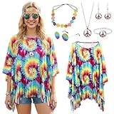 Moerstar Disfraz hippie para mujer, 7 unidades, disfraz de los años 60 y 70, con poncho hippie, diadema, gafas, collar, pendientes, pulsera para carnaval, discoteca