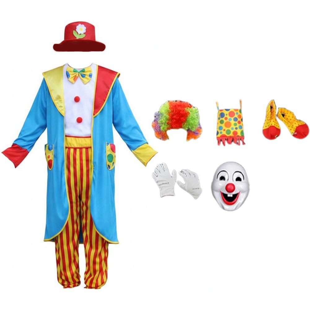1 Set di Costumi Clown Colorati con Parrucca, Maschera, Borsa, Scarpe E Guanti, per Adulti, Ideali per Travestimenti Clown, per Halloween E Spettacoli Circensi.