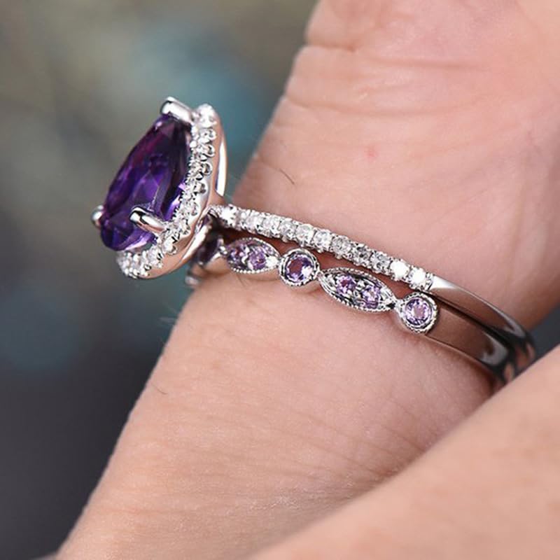 A Set Of Purple Elegant Water Droplet Zirconia Ring For Women Exquisite Light Luxury Rings Ladies Fine Jewelry Daily Life Dating Decor For Wedding3