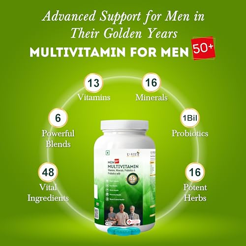 Image of U-VITA Men 50+ Multivitamin | 47 Essential Vitamins, Minerals & herbal extracts | Pre & Probiotics | Resveratrol, Ashwagandha, Lion's Mane Mushroom Extracts | 30 Veg Tablets | Formulated in the UK