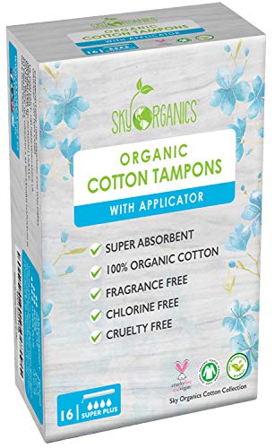 Organic All Natural Cotton Tampons with Biodegradable Applicator (Super Plus Absorbency) Chemical, Plastic-Free, Vegan & Cruelty-Free Tampons, Feminine Care Menstrual Tampons (16 Cnt)