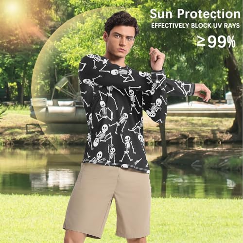 Mens UV Protection Shirts Rash Guard Long Sleeve UPF 50+ Skull Skeleton on Black Quick Dry S4