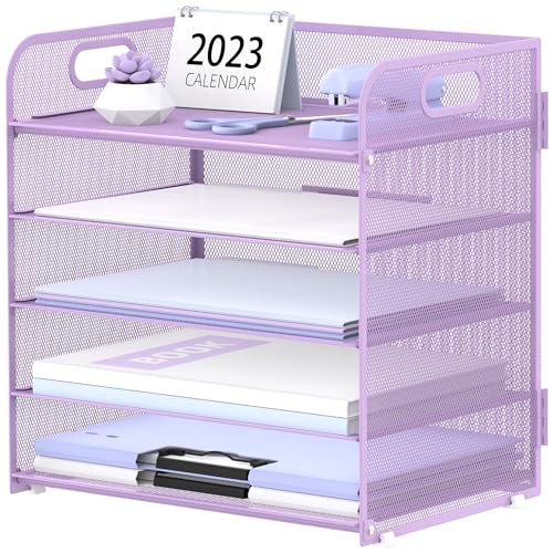 Image of Supeasy 5 Trays Paper Organizer Letter Tray with Handle-Mesh Desk File Holders, Paper Sorter Desk Organizer for Office, Home, Classeoom or School, Purple