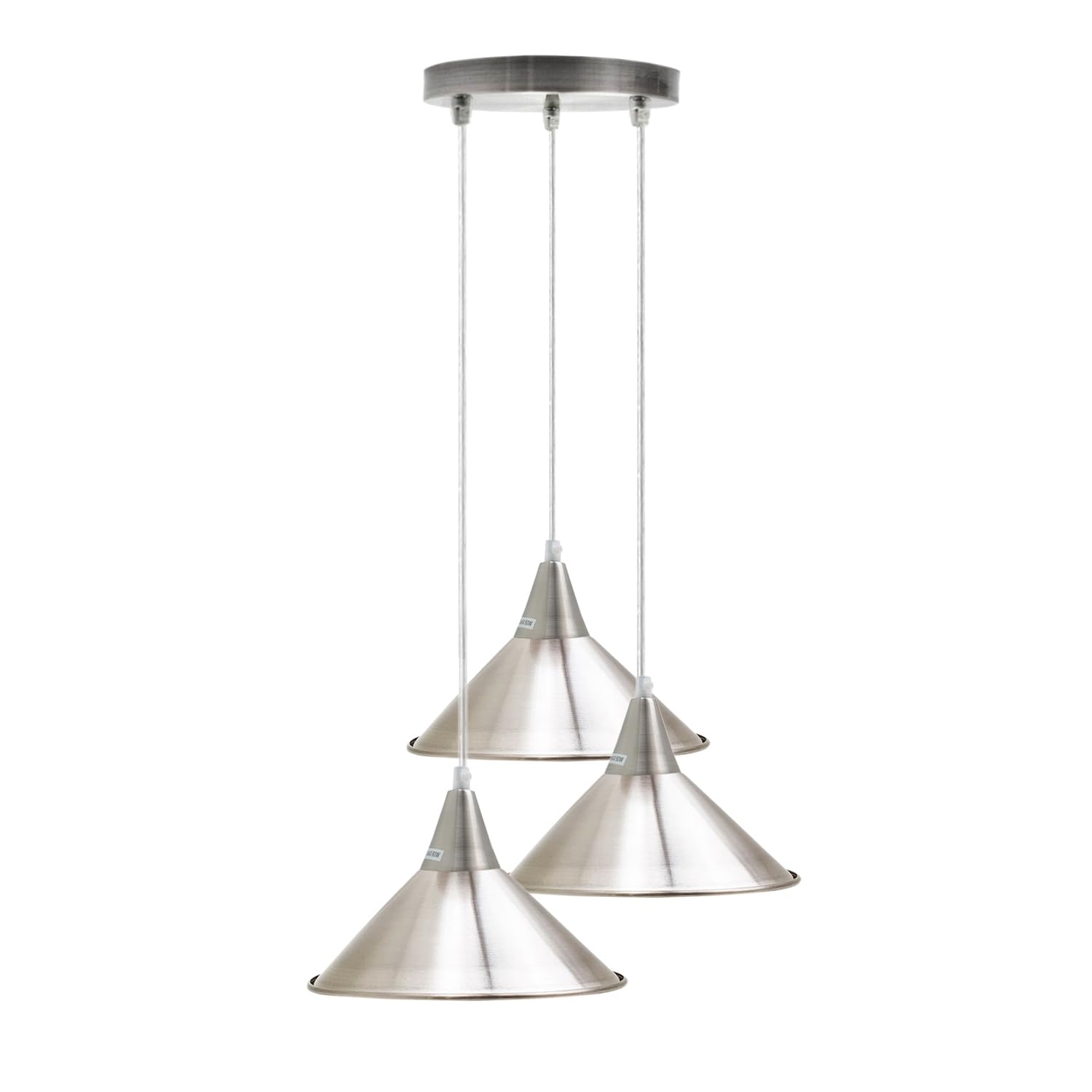 LEDSone 3 Light Bar Indoor Ceiling Industrial Pendant Fitting | 100cm Adjustable Loft Cord Cable | 21cm Retro Metal Cone Lightshade | 20cm 3 Way Point Outlet Round Metal Ceiling Rose (Satin Nickel)
