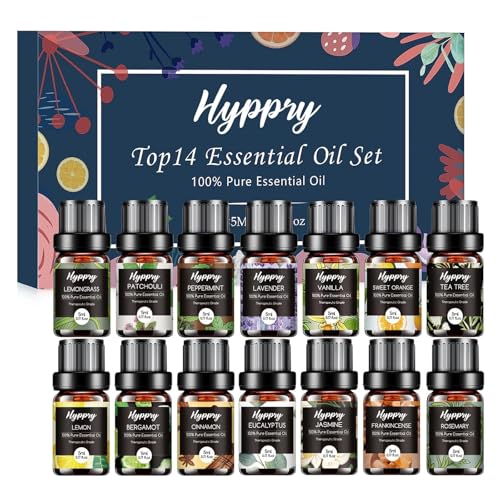 Hyppry Essential Oils Set Pure Natural Essential Oils for Diffuser for Home Aromatherapy Candle & Soap Making Cleaning Relaxing - Lavender Tea Tree Eucalyptus Lemon Cinnamon Jasmine
