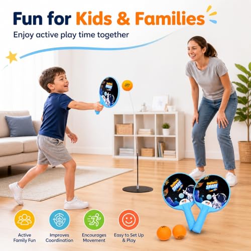 Image of Space Theme Table Tennis Trainer for Kids|Indoor Ping Pong Set with Elastic Rebound Shaft|Includes 1 Base,2 Rackets,2 Balls & 1 Wire Sleeve|Active Sports Toy for Reflex & Coordination