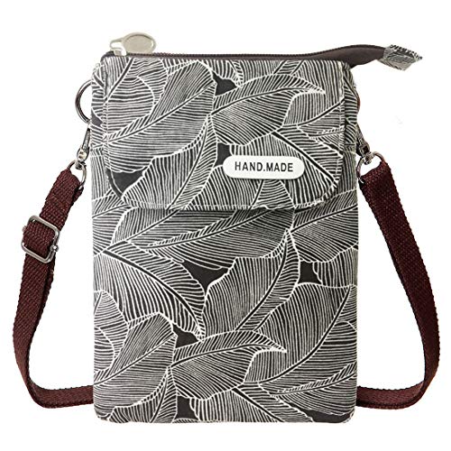 Image of LassZone Canvas Cute Crossbody Bags for Women Mini Shoulder Handbag Cell Phone Purse Wallet Leaves Pattern Coin Pouch, Black Grey, 7.6*5.5*1.5 inch