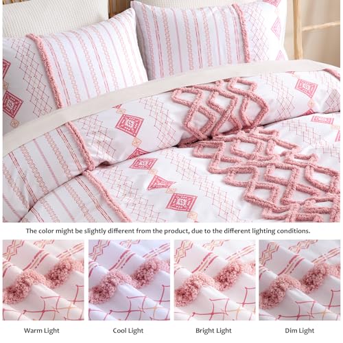 Image of MOVE OVER Tufted Duvet Cover King Size 100% Cotton Boho Duvet Cover Set 3 Pieces Blush Pink Textured Bedding Set with Zipper Closure and Ties Soft Farmhouse Geometric Tufted Comforter Cover