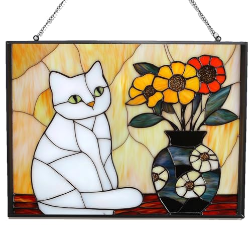 365CUSGIFTS Customized Rectangle Mosaic White Cat by The Vase Stained Glass Window Hanging, Suncatcher for Women, Stained Glass Window Decor Perfect Home Décor