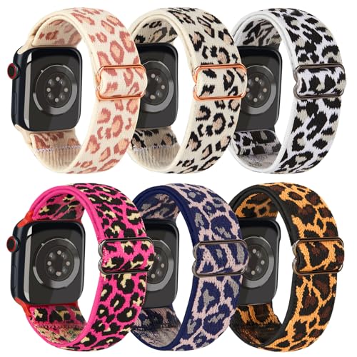 6 Pack Leopard Nylon Stretchy Solo Loop Band Compatible with Apple Watch Bands 40mm 38mm 41mm 42mm...