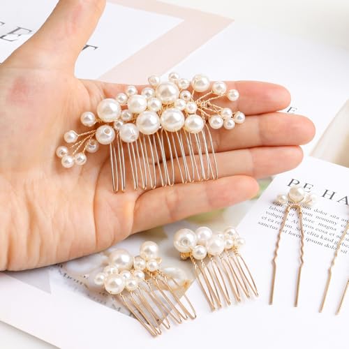 wedding pearl hair combs set of 5 pieces - prom hair pins accessories for bridal women gold