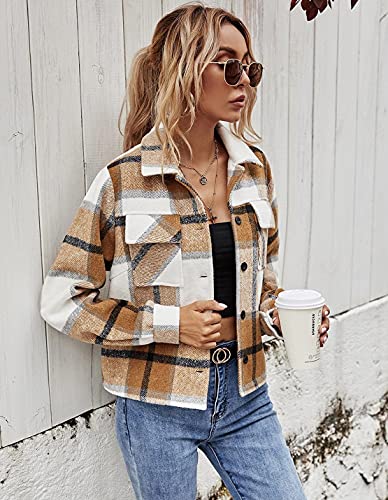Women's Casual Flannel Wool Blend Plaid Shacket Long Sleeve Single Breasted Button Short Jackets Coat2