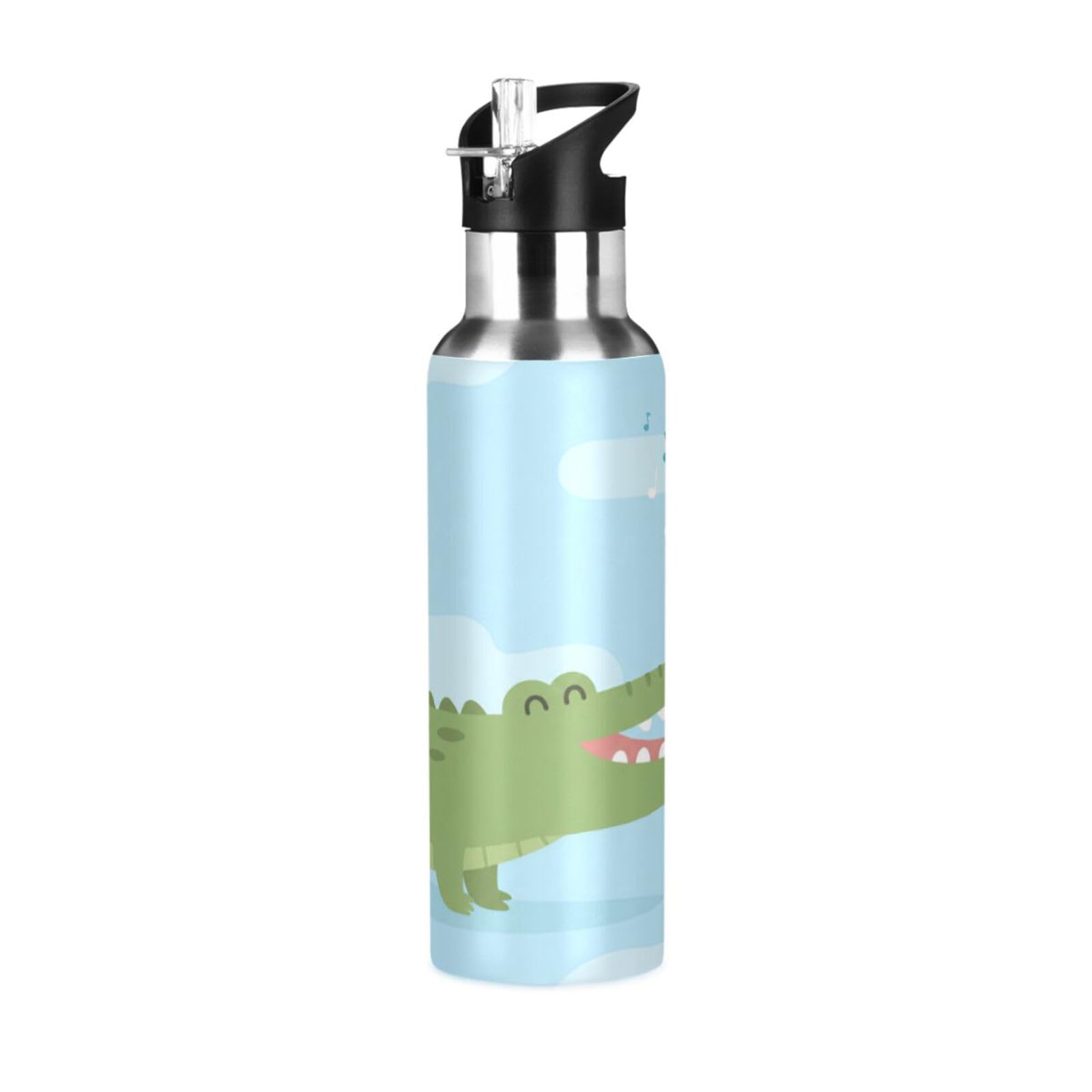 BOESI Crocodile Bird Pattern Insulated Water Bottle 600ml, Stainless Steel Vacuum Sports Bottle with Straw, Leak Proof Thermal Bottle for Gym Travel Outdoor
