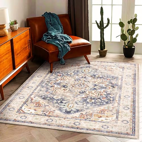 CHAMPLANT 3'x5' Blue Khaki Vintage Washable Thin Area Rug Traditional Floor Cover Foldable Indoor Distressed Non Slip Carpet Floral Print Mat for Bedroom Living Room Bathroom