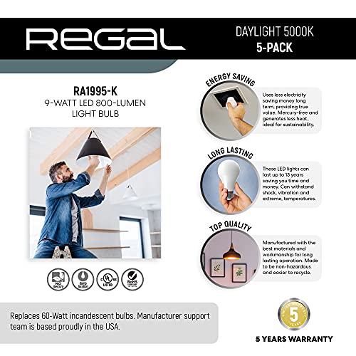 Regal Led A19 Light Bulb 5000K Daylight 800-Lumen, 9-Watt (60-Watt Equivalent), E26 Base, 5000 Kelvin, Day Light, 5-Pack, Non-Dimmable #TOP3