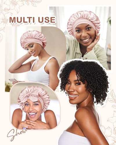 Image of BONNET QUEEN Silk Bonnet for Sleeping Women Satin Bonnet Night Sleep Cap Wrap for Curly Hair with Tie Band, Small, Cream Pink