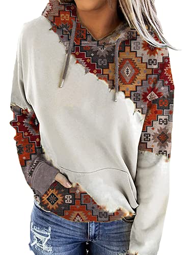 Women s Geometric Print Aztec Hoodie Pullover Western Ethnic Style Printed Color Block Hooded Sweatshirt With Pocket (RED, L)