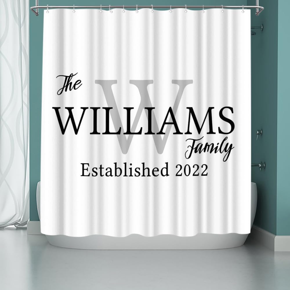 iLOOKLiKE Personalized Couple Last Name Shower Curtain Custom Established Date Bathroom Curtain Set Decor White Fabric Polyester Bathtub Decor for Housewarming Gifts 72x72inch with Hooks