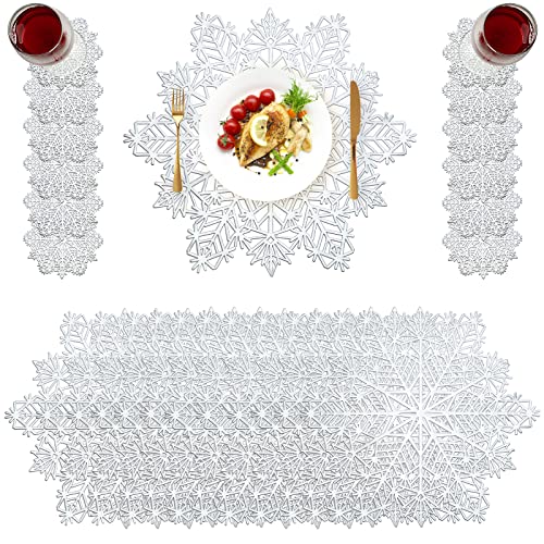 Sieral 24 Pcs Snowflake Placemats And Coasters Set Of 12 Silver Pressed Vinyl 15 Inch 4 Coasters, Table For Christmas Winter Holiday Wedding Party Dinner Decor #TOP7