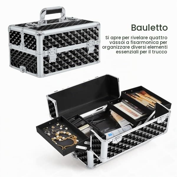 Valigia Valigetta Porta Trucchi 3 in 1 Grande Trolley Professionale Makeup Beauty Case Estetista da Viaggio con Ruote Nero
