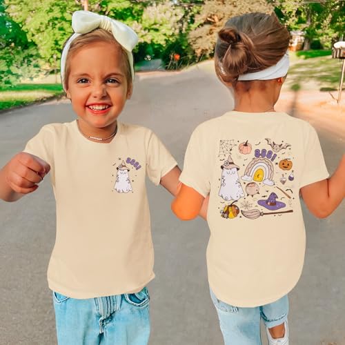 BOUTIKOME Toddler Baby Girls Halloween T-Shirts Boo Ghost Pumpkin Witches Graphic Shirts Kid Short Sleeve Tees Fall Tops2