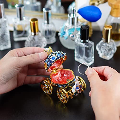 Image of YU FENG 3'' Hand Painted Enamel Pumpkin Carriage Trinket Box With Bunny Flowers Hinged Jewelry Organizer with Crystals Ring Earrings Storage Home Decor Figurine Keepsake Collectible