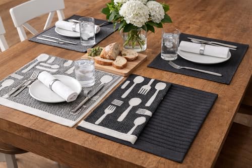 Image of Set of 3 Kitchen Towels, Ultra-Absorbent Cotton Hand Towels, 18 x 28 Inch Vintage Modern Black & White Cutlery Pattern Dish Towel Oeko-TEX Certified