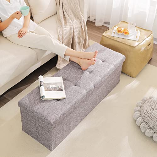 Image of Storage Ottoman Bench Foldable Footrest Foot Stool, 45 inch Fabric Grey | Small Ottoman Foot Rest Seat Shoe Bench Flip-Top forliving Room End of Bed Bedroom Couch Dorm 166L Folding Upholstered Chair