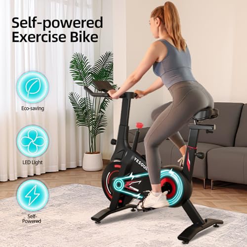 Image of YESOUL Self-Powered Exercise Bike with Dynamic LED Lights - Stable Triangle Frame, Dual-Stage Drive, 300 lbs Capacity, Silent Magnetic Resistance, Compact Indoor Stationary Bike for Home