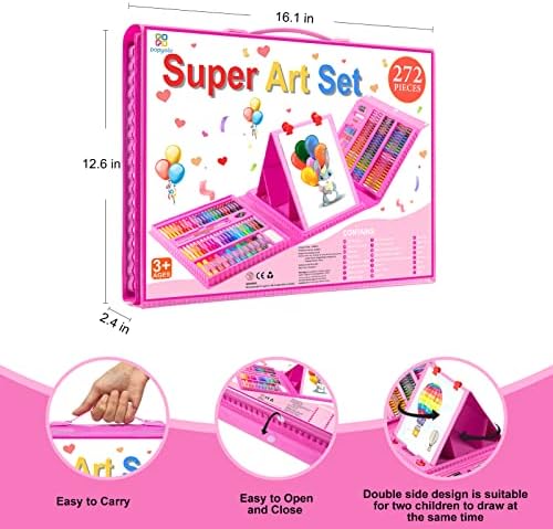 Art Kit, 272 Pack Art Set Drawing Kit for Kids Girls Boys, Deluxe Gift Art Supplies with Trifold Easel, Origami Paper, Coloring Pad, Sketch Pad, Pastels, Crayons, Pencils, Watercolors (Pink) 8 515No8x 3PL. AC
