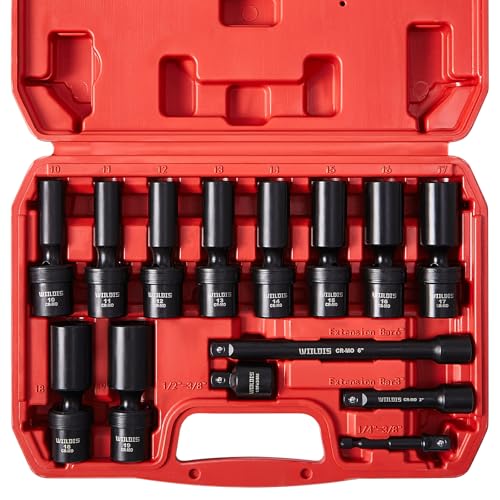 Image of WIILDIS 14 Pieces 3 /8 inch Drive Swivel Socket Set, Deep Universal Impact Socket Set, Metric(10-19mm) Flexible Magnetic Wobble Socket Set, 6 Point, CR-MO, 3 inch, 6 inch Extension Bars, Socket Adapter