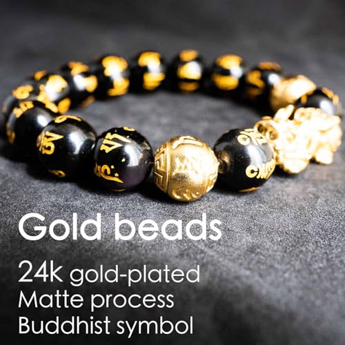 Feng Shui Bracelet 24k Gold Plated PiXiu, Obsidian PiXiu Wealth Bracelet Dragon Protection, Mantra Prayer Beads Bracelets Can Bring Good Luck, Wealth and Health for Men Women4