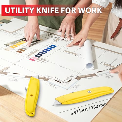Image of DIYSELF 20 Pack Utility Knife, Heavy Duty Razor Box Cutter Retractable | Durable Utility Knives for Garage, Home and Office, Box Opener for Packaging, Paper, Leather, Vinyl, PVC Pipe Cutter (Yellow)