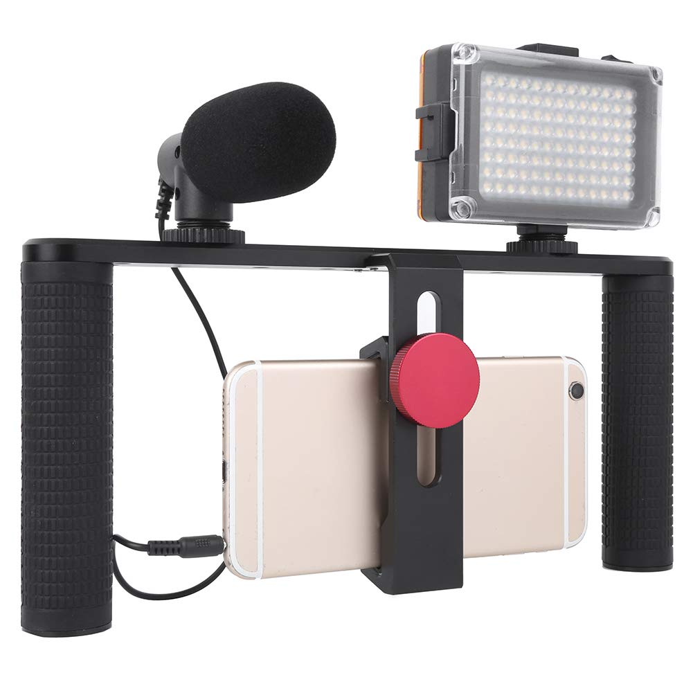 Soporte para teléfono móvil de Dos Manos, Mango estabilizador de Video para Smartphone con luz de Relleno y micrófono, Jaula de aleación de Aluminio para teléfonos de 40 a 92 mm,